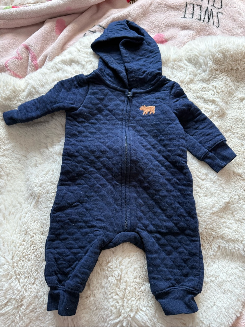 Carter's Navy Quilted Hooded One-Piece with Tan Bear Accent